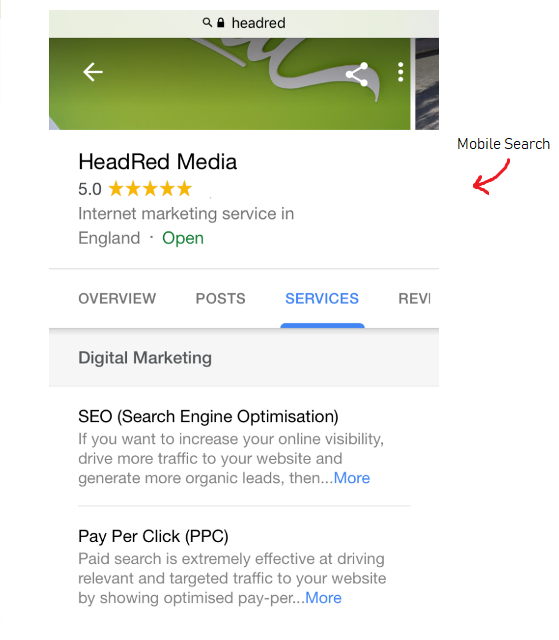 Mobile Search HeadRed Google My Business listing
